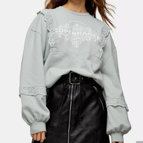 TopShop Women's Size 8 Sage Copenhagen Lace Ruffle Sweatshirt - Picture 1 of 8